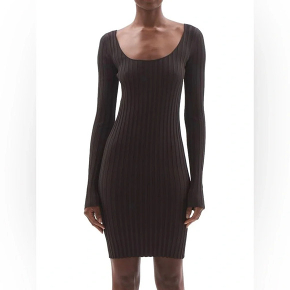 HELMUT LANG Strap Rib-Knit Bodycon Mini Dress Brown Long Sleeve Size M NEW - Picture 2 of 14